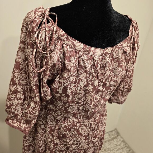 Olivaceous Boho Floral Short Puff Sleeve Mini Baby Doll Dress Maroon Size Medium - Picture 10 of 12